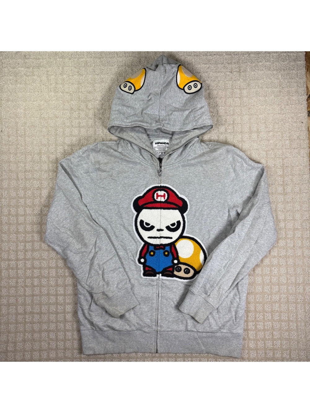 Hipanda Mushroom Graphic Zip Hoodie Grey Cotton L